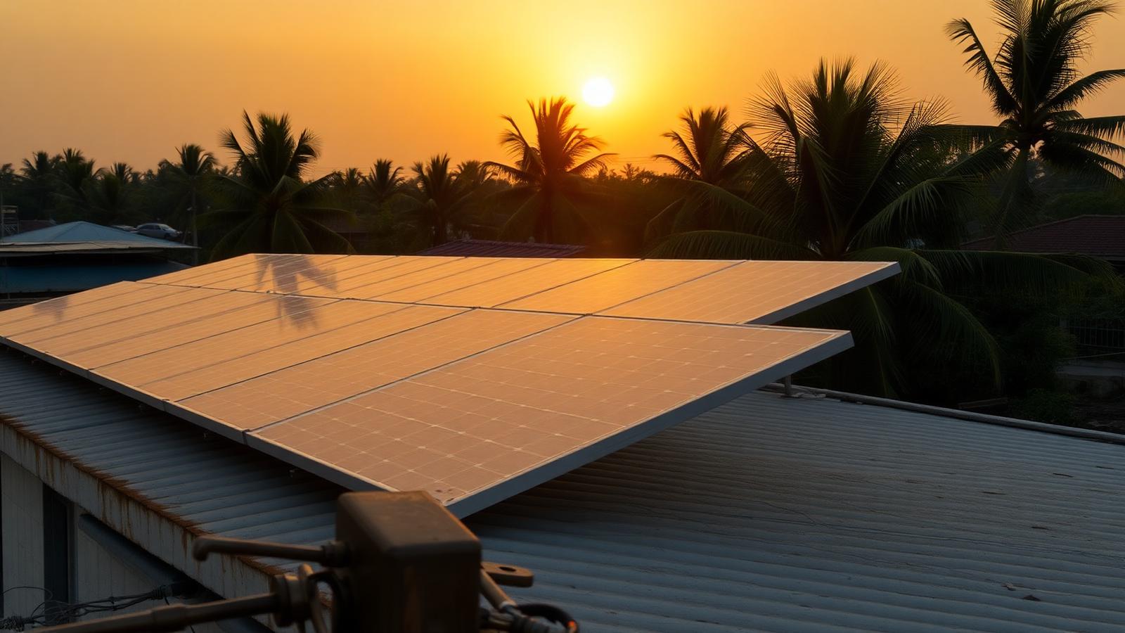 Solar panels on a Freetown compound rooftop at dawn
