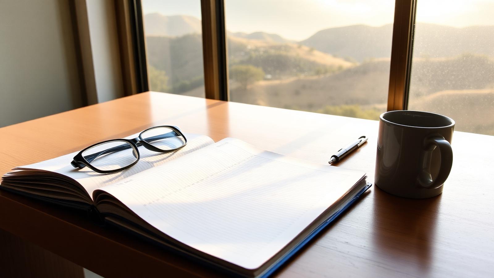 Ledger and mug on a desk overlooking Freetown hills